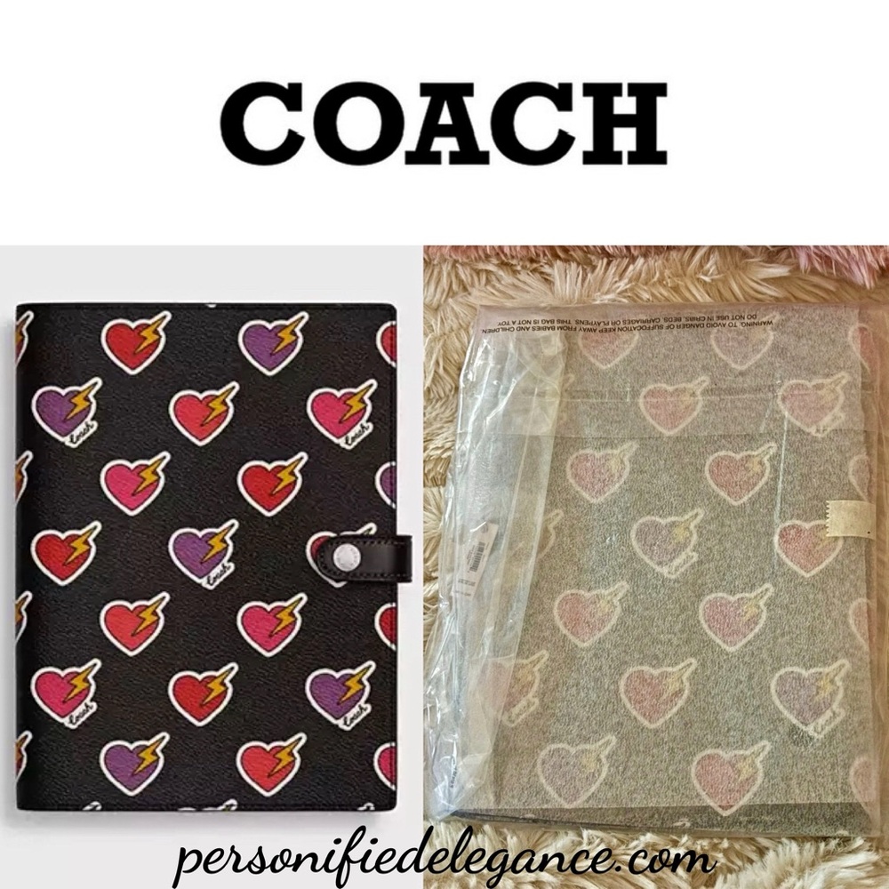 NEW Coach Heart Bolt Print Black Multi Coated Canvas Leather Notebook Journal